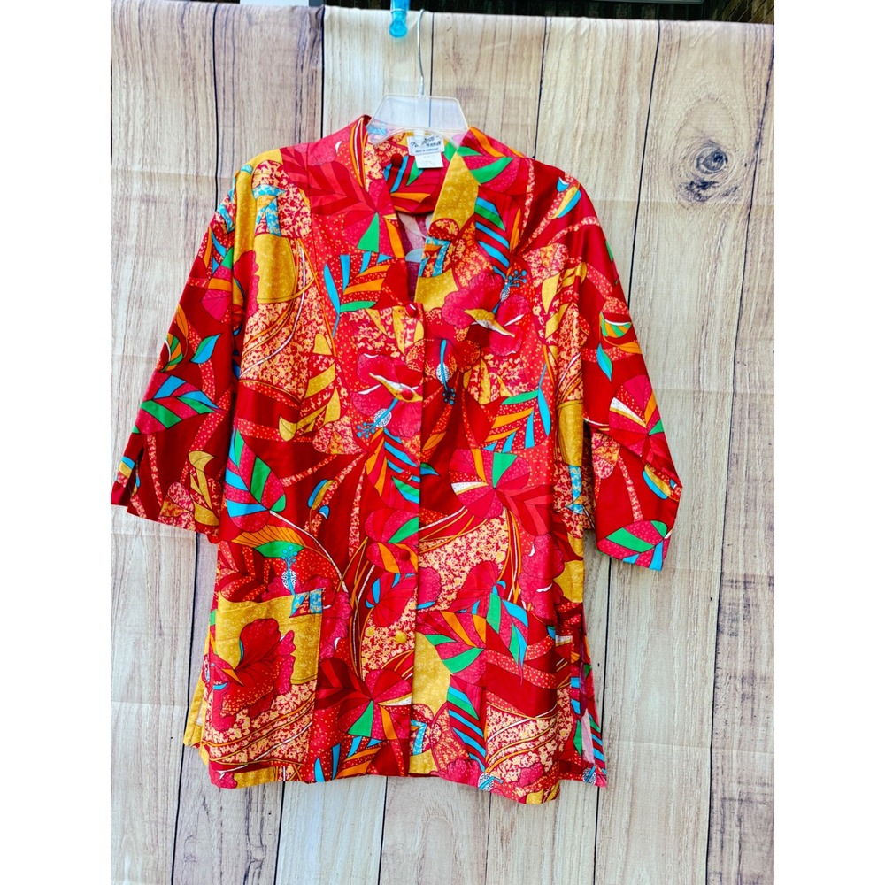 Vintage Paradise Hawaii Red Tropical Hibiscus Floral Cotton Tunic Top Size 16